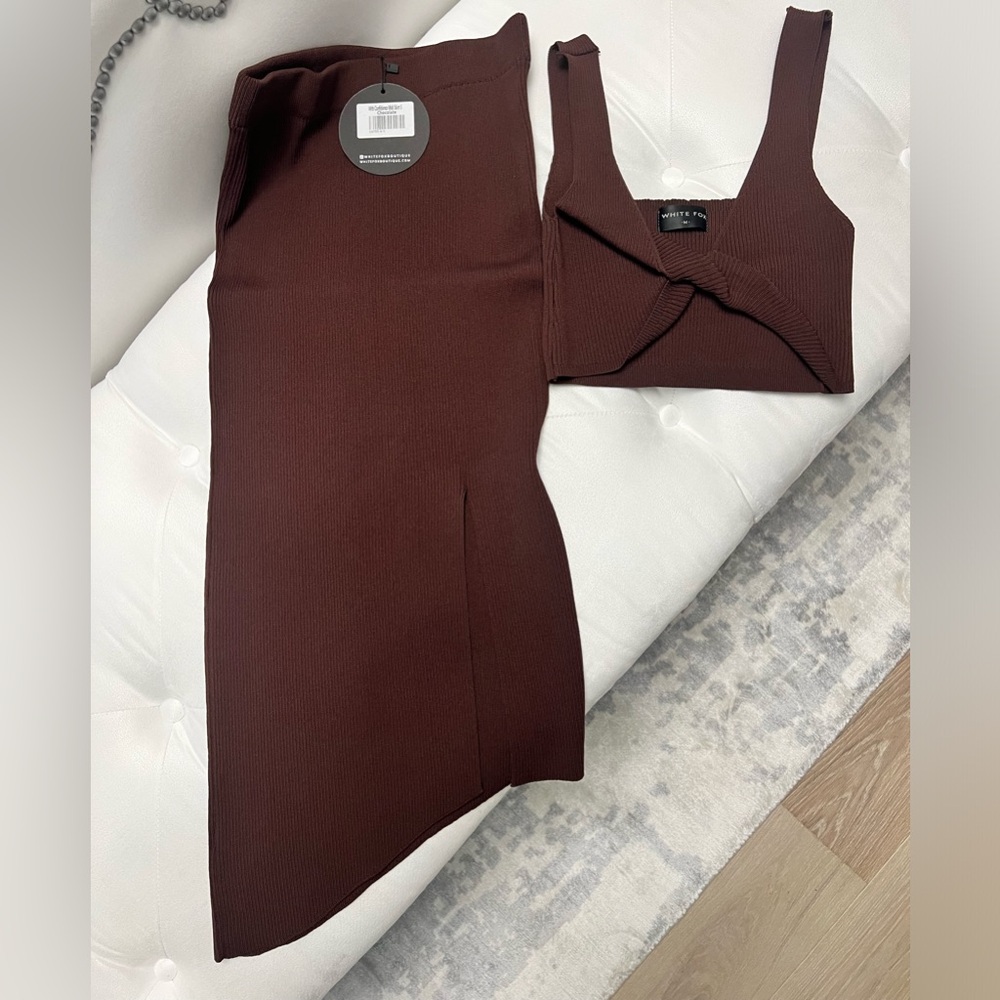 ✨White fox Boutique Brown Crop Top & Skirt Set